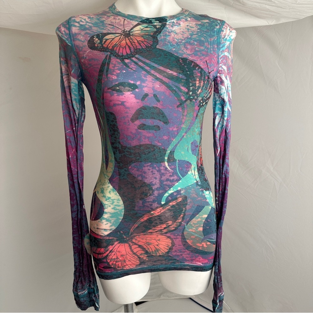 GO Jeans Los Angeles multicolor butterfly print burnout long sleeve t-shirt